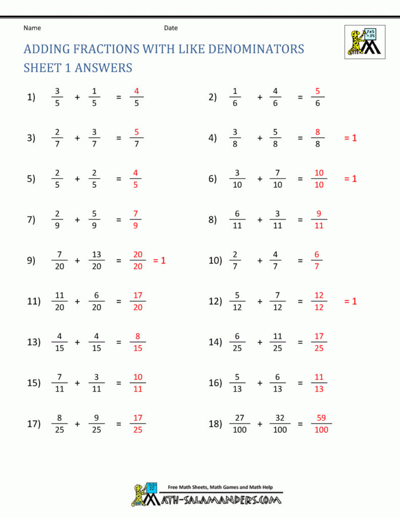 Adding Fractions Worksheets Math Worksheet Answers