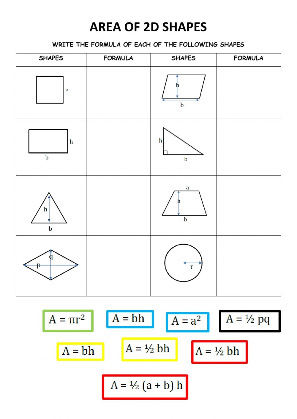 Area Of 2d Shapes Worksheet Math Worksheet Answers