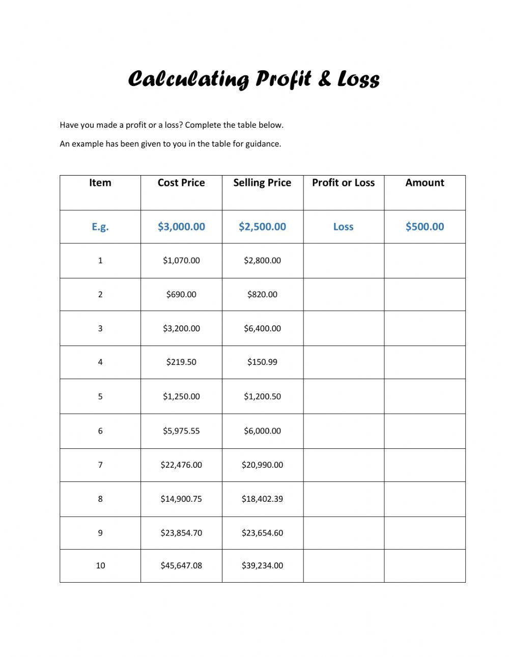 Cost Income Value Math Problems Worksheet