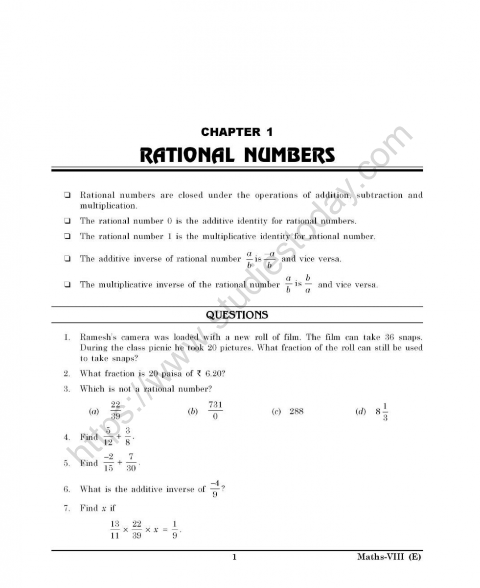 CBSE Class 8 Mental Maths Rational Numbers Worksheet Math Worksheet Answers