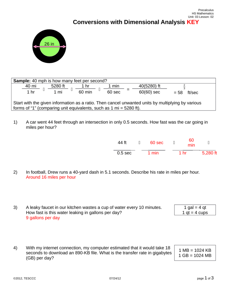 Conversions With Dimensional Analysis Key Math Worksheet Answers