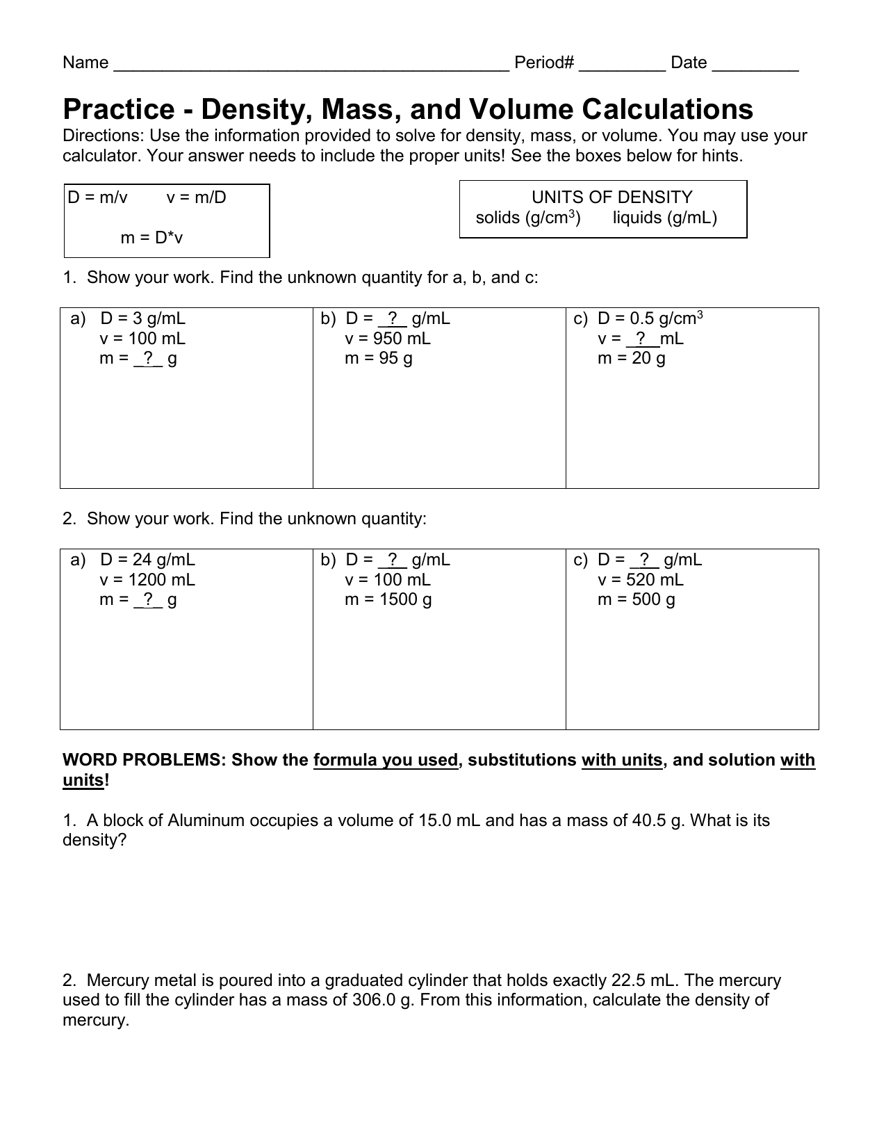 Density Calculations Worksheet I Math Worksheet Answers