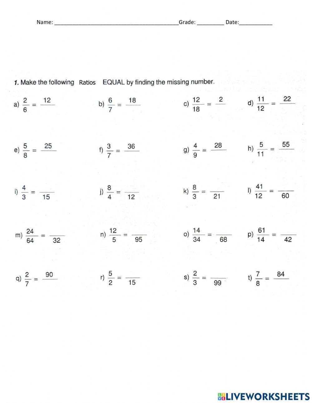 Equivalent Ratios Online Exercise Math Worksheet Answers