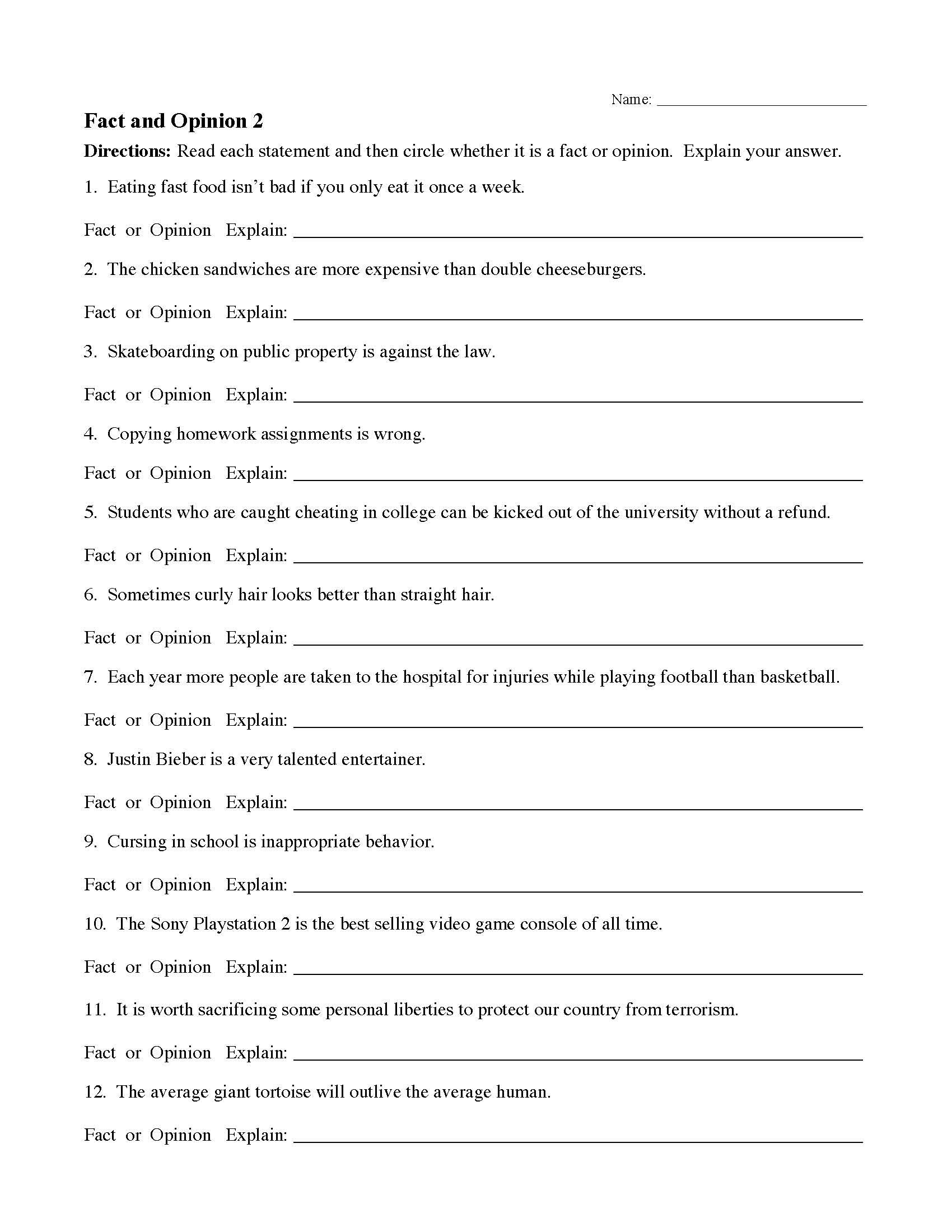 Fact And Opinion Worksheets 6th Grade Pdf