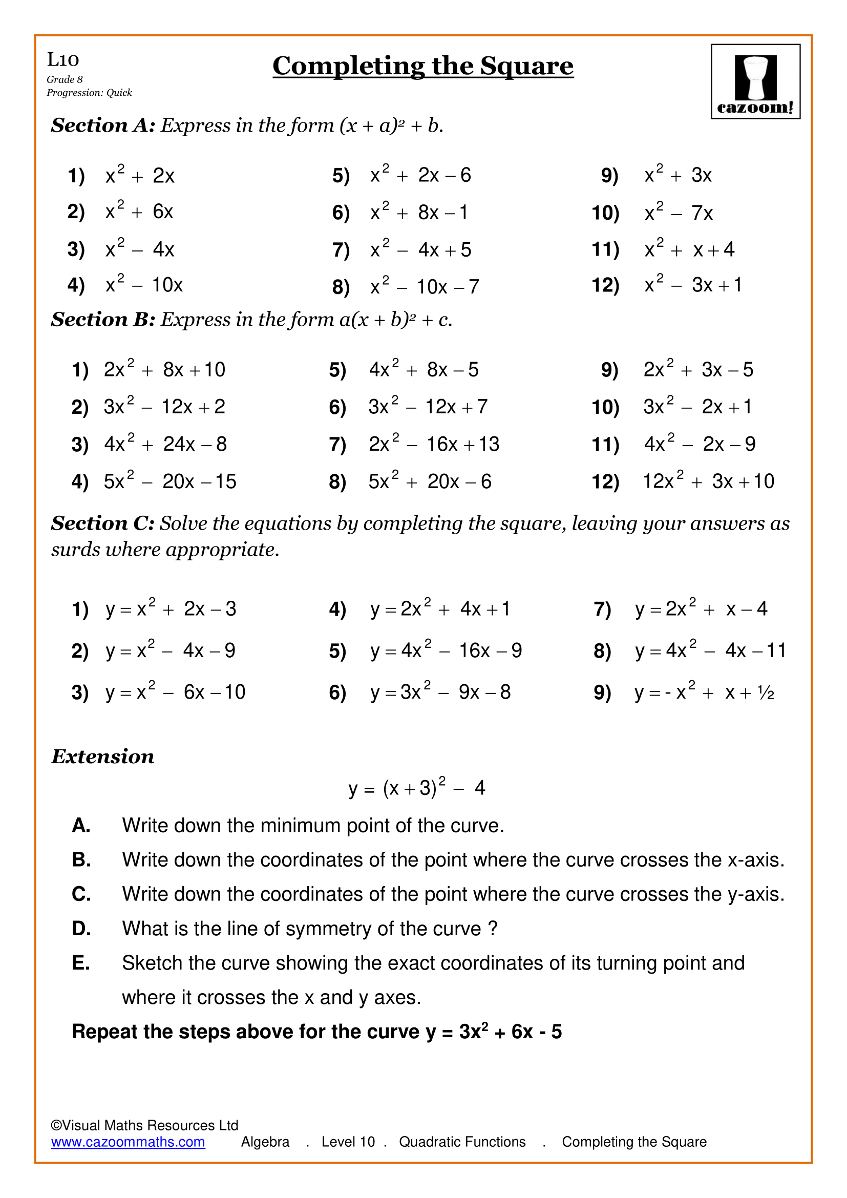 Math Fun Facts Completing The Square Worksheet Answers