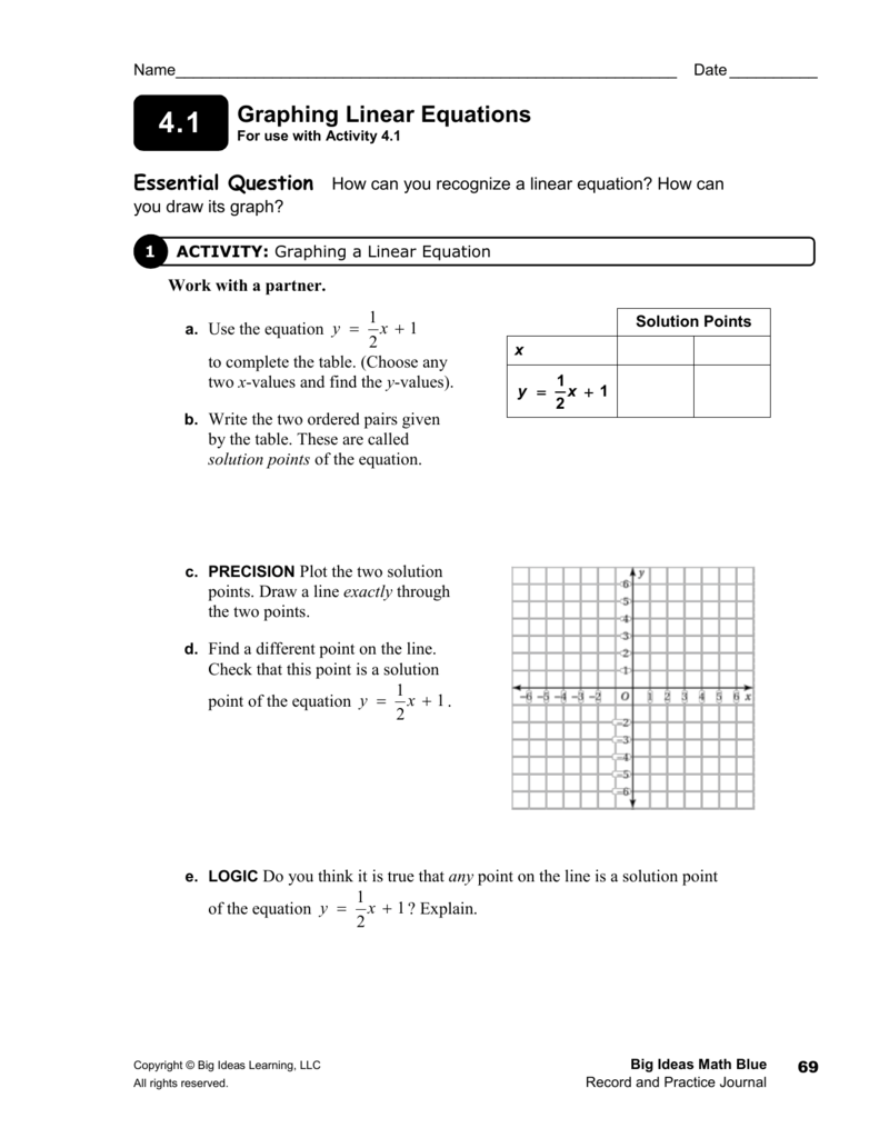 Graphing Linear Equations Math Worksheet Answers