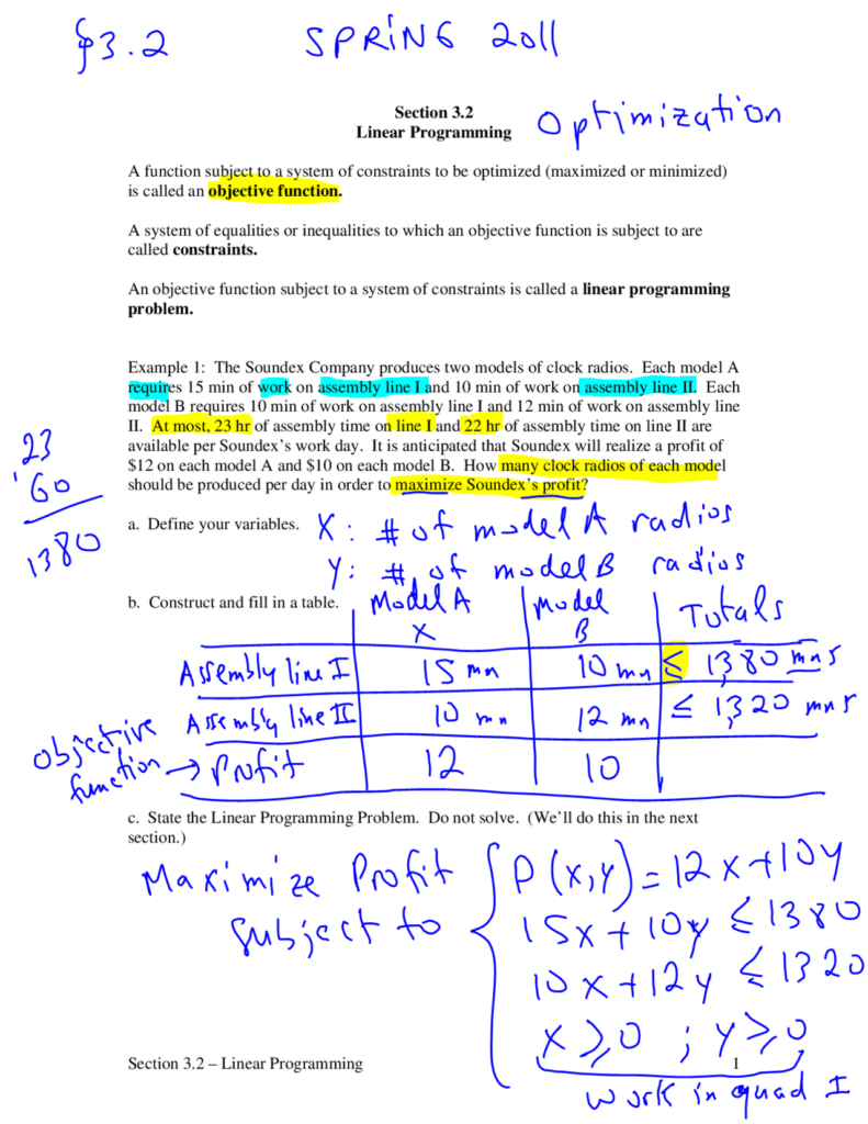 Finite Math B 3 2 Linear Programming Worksheet Answers