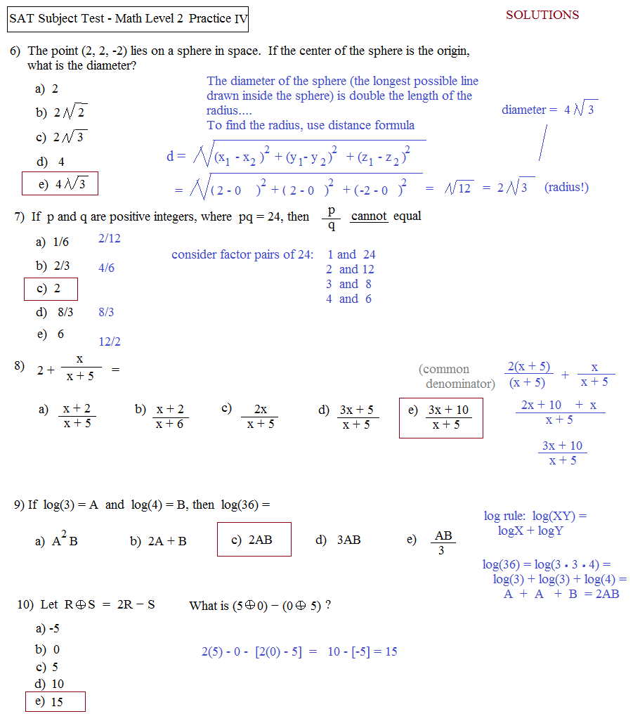 Math Plane SAT Math Subject Test Level 2Practice Test D Math Worksheet Answers