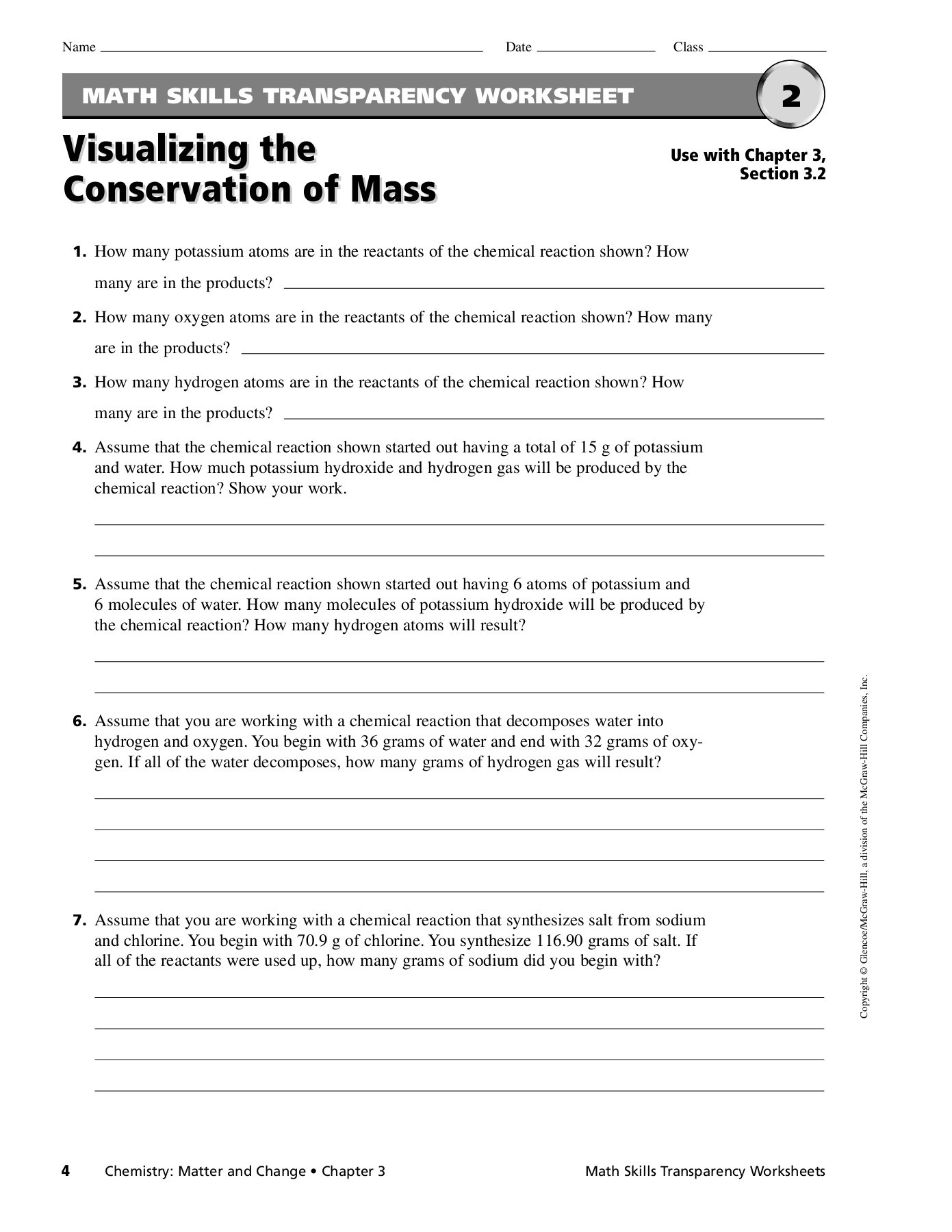 Math Skills Transparency Worksheet Visualizing The Conservation Of Mass Answers