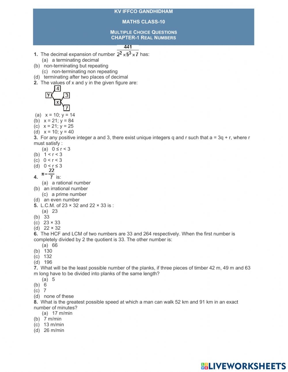 Class 10 Maths Real Numbers Worksheet