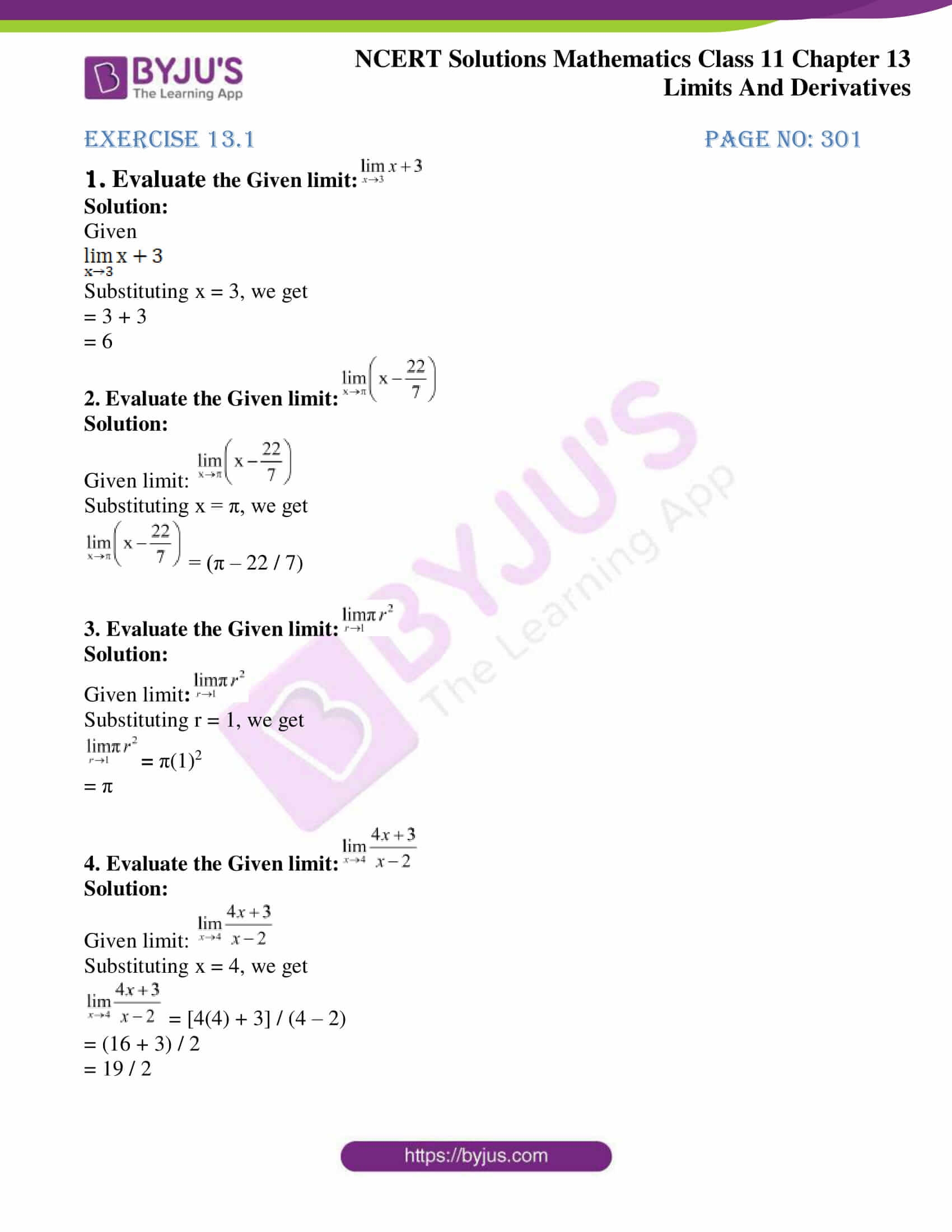 NCERT Solutions Class 11 Maths Chapter 13 Limits And Derivatives Math Worksheet Answers