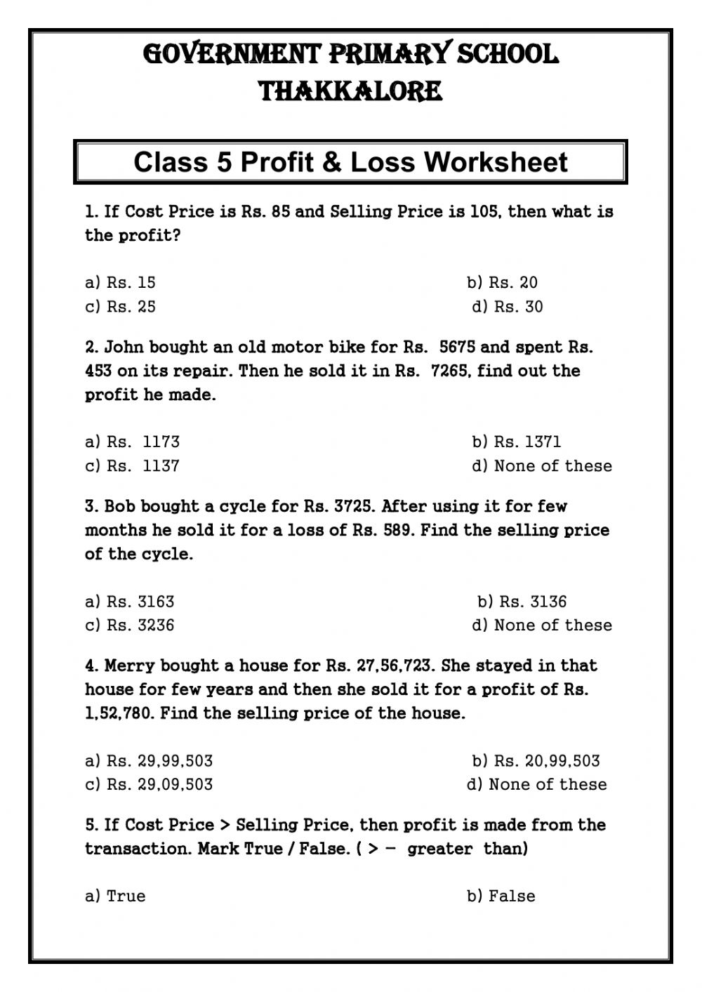 Profit And Loss Activity Math Worksheet Answers