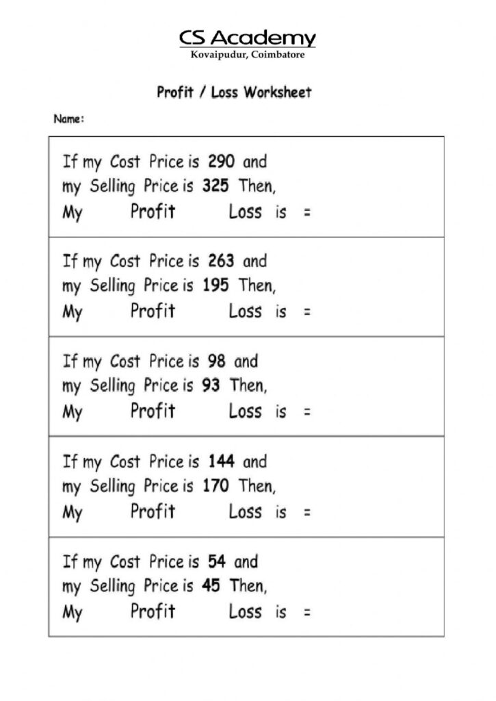 Cost Income Value Math Problems Worksheet Answers