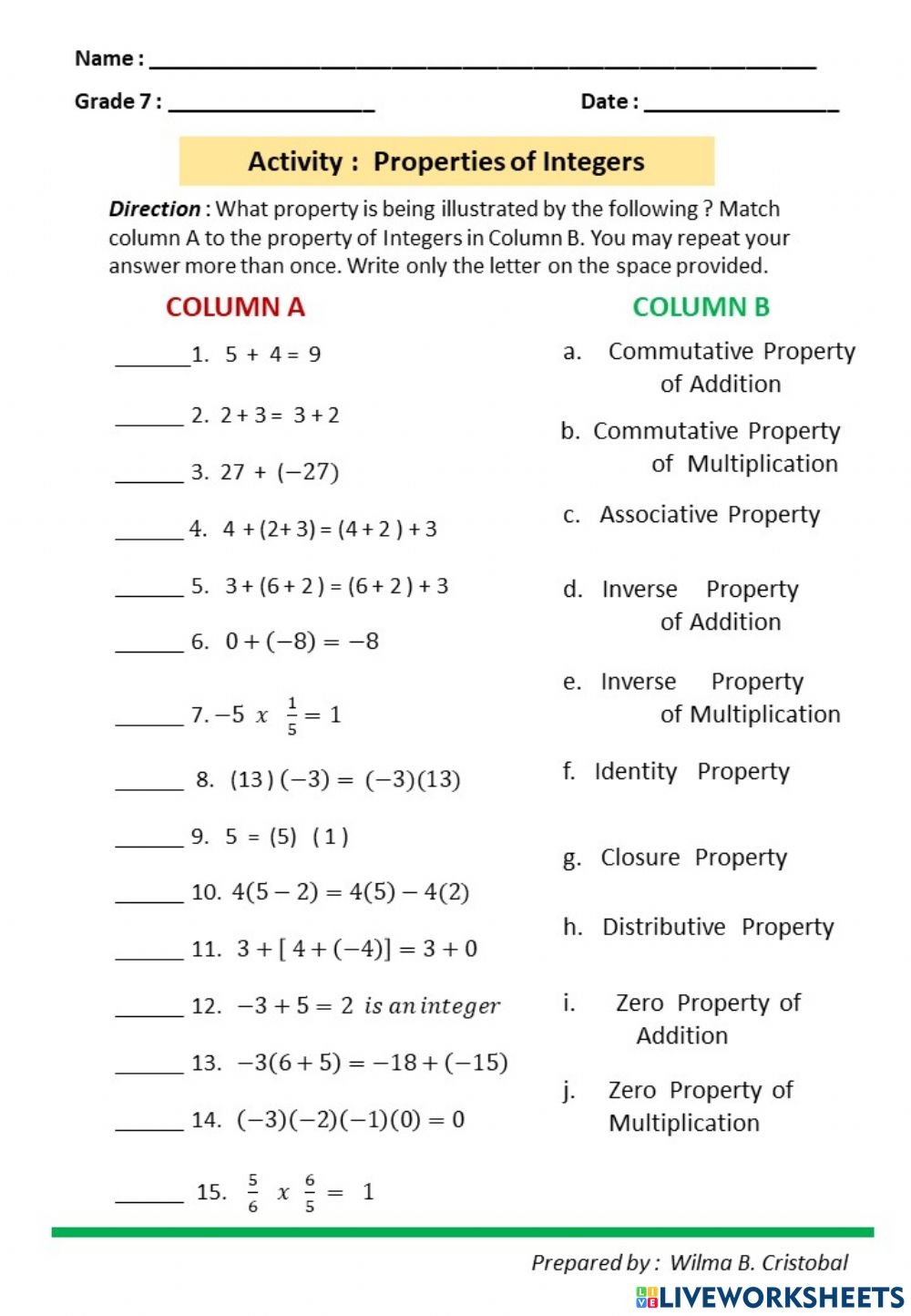Properties Of Operation In Integers Worksheet Math Worksheet Answers
