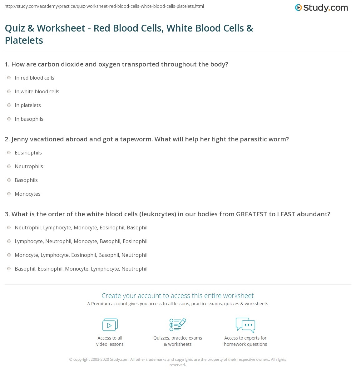 Quiz Worksheet Red Blood Cells White Blood Cells Platelets Study Math Worksheet Answers