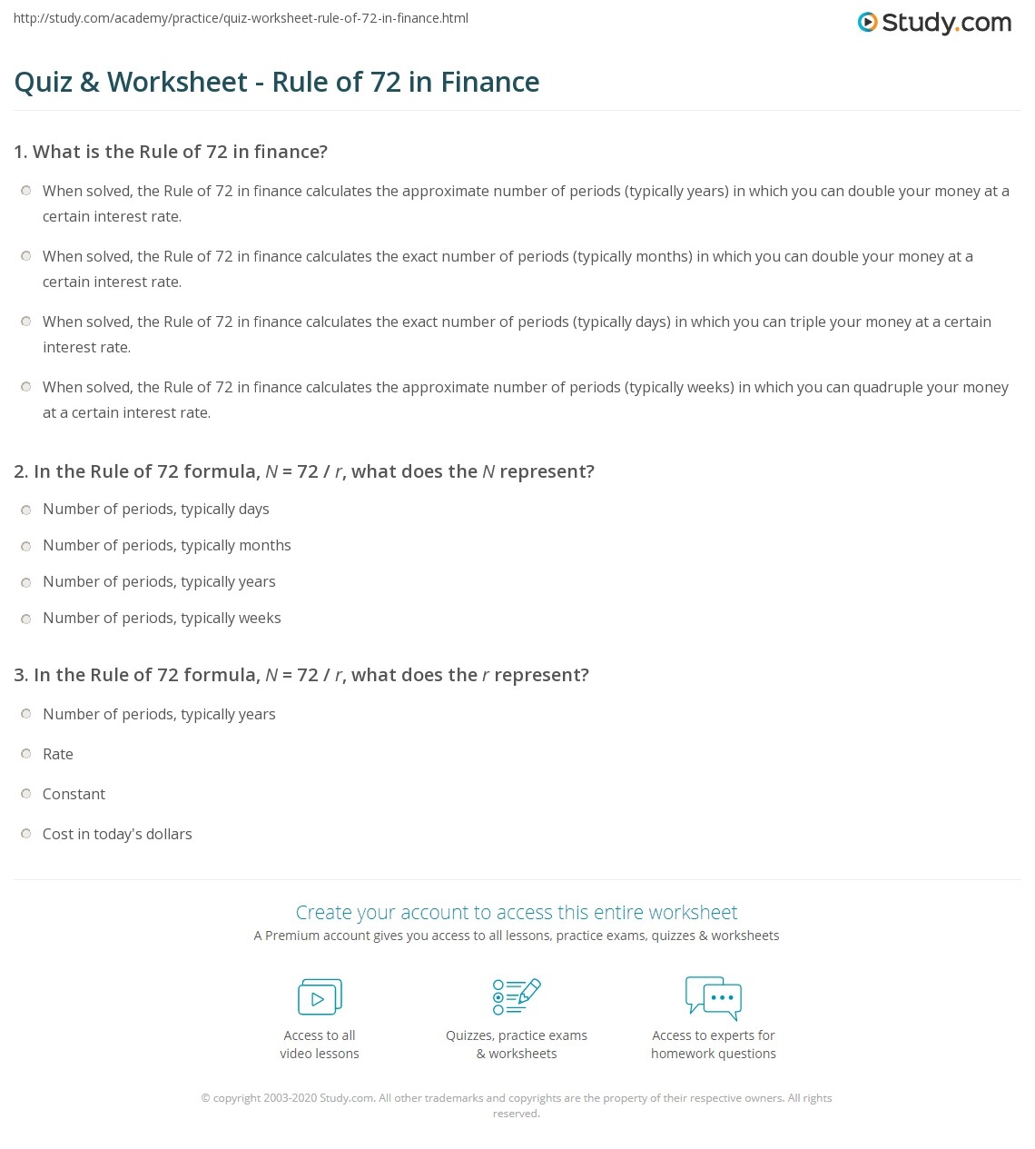 Quiz Worksheet Rule Of 72 In Finance Study Math Worksheet Answers