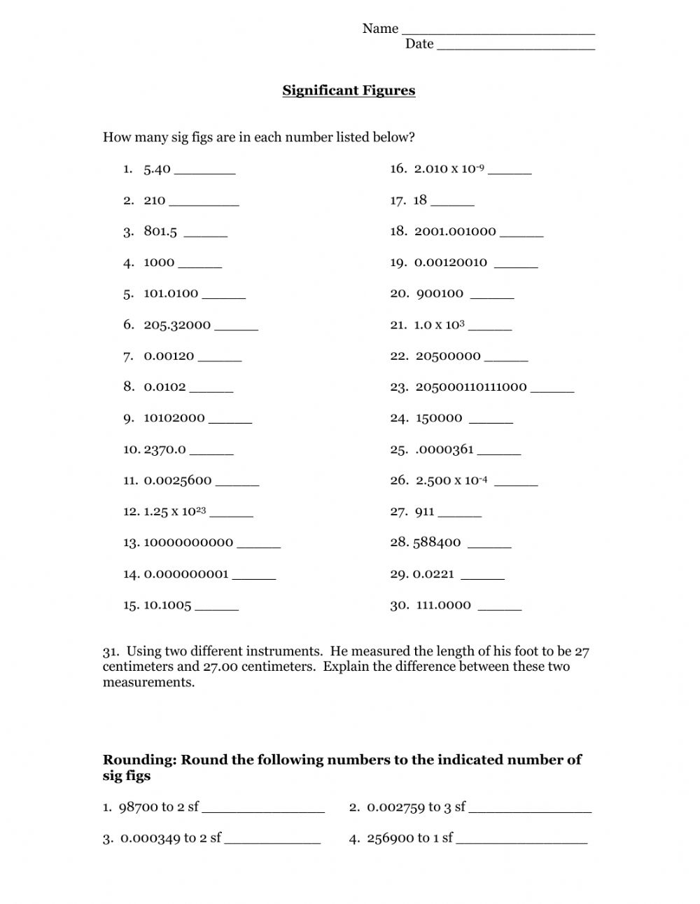 Chemistry Math Review Worksheet
