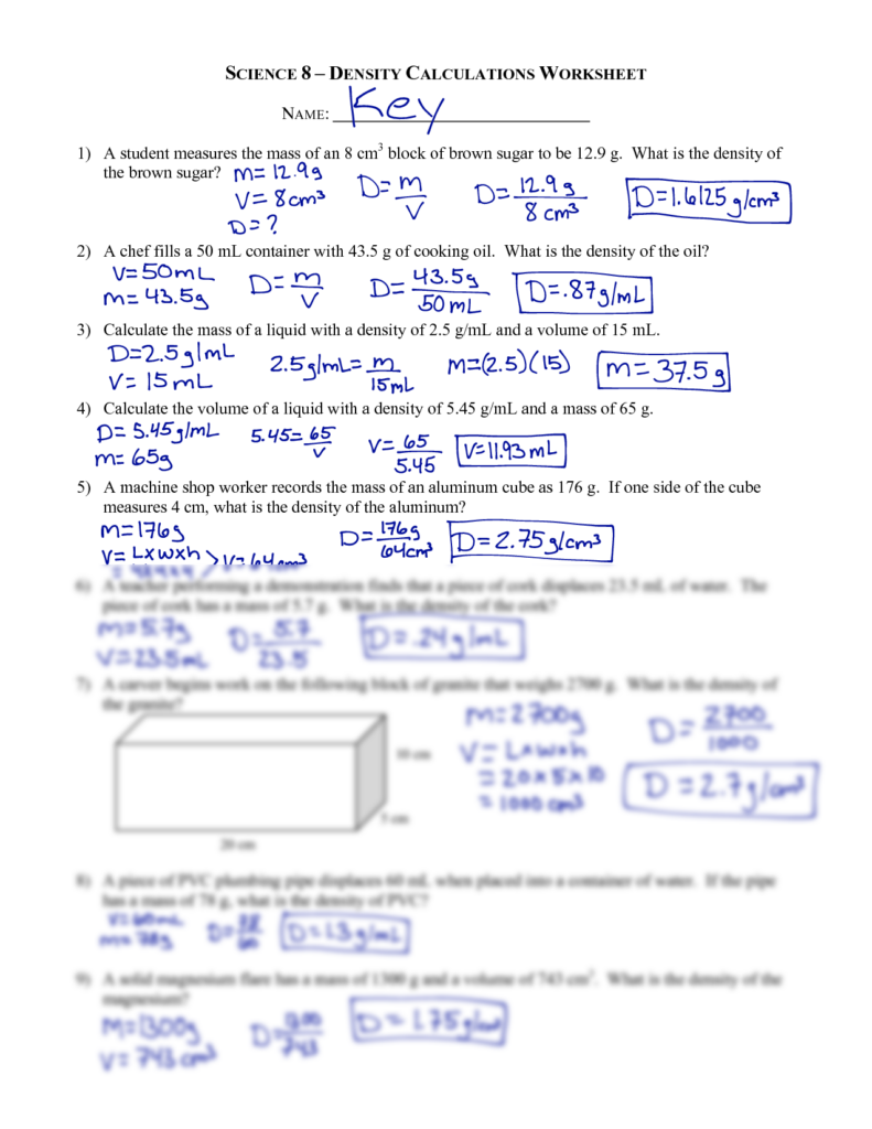 Density Math Skills Worksheet Answers Math Worksheet Answers
