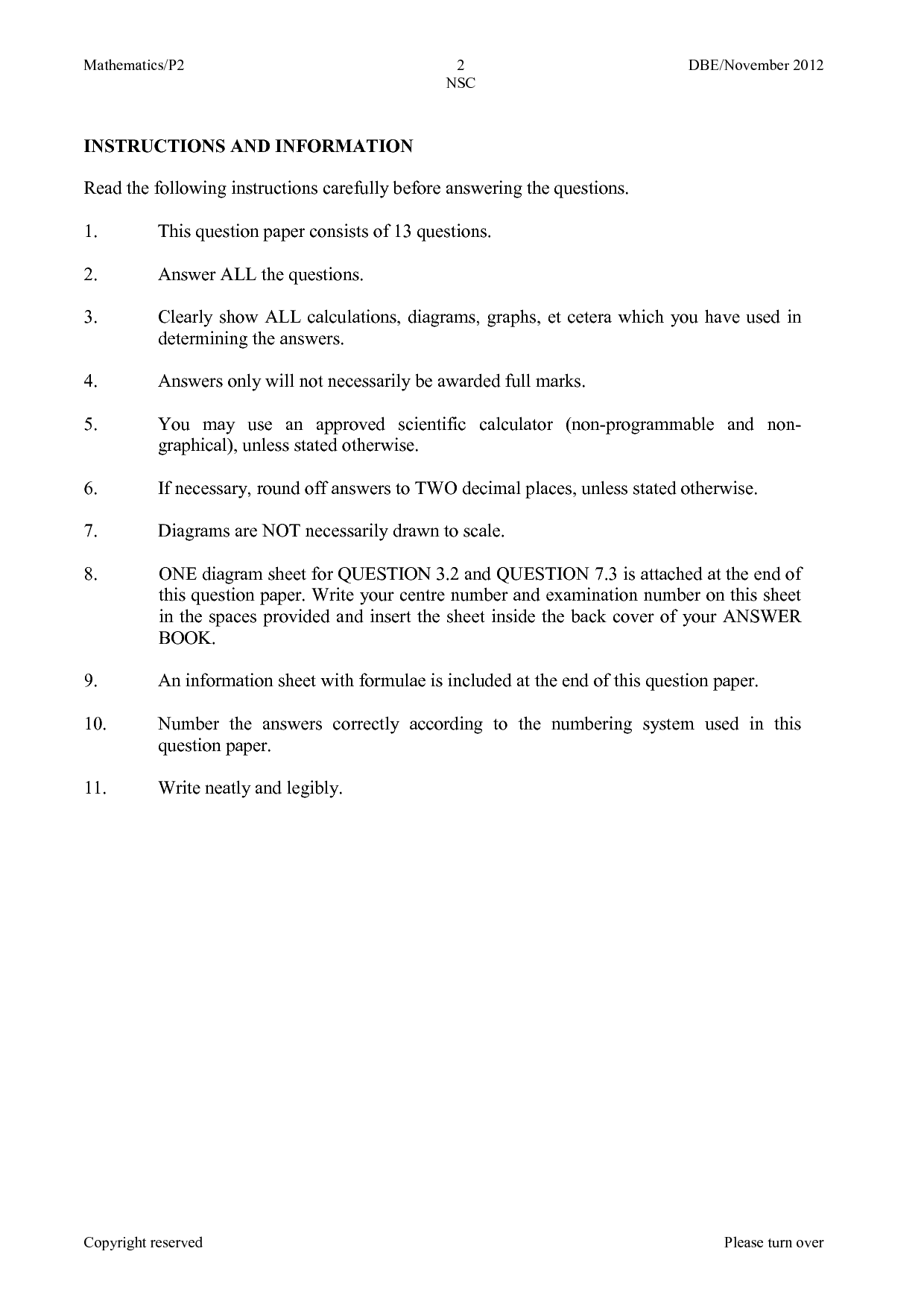 SOLUTION Maths Paper 2 012 Question Paper Studypool Math Worksheet Answers