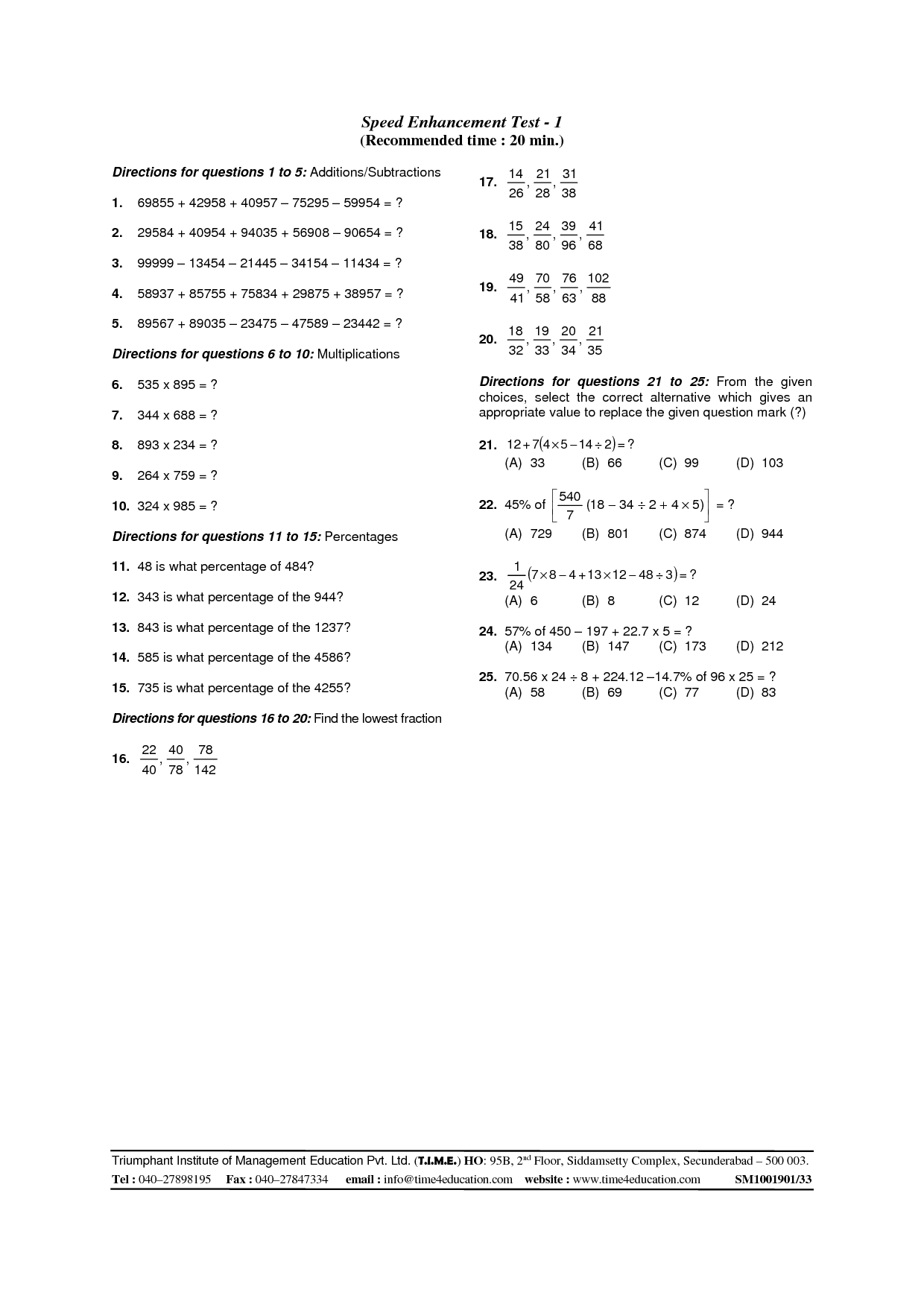 SOLUTION SpeedEnhancementTest 1to30 Studypool Math Worksheet Answers