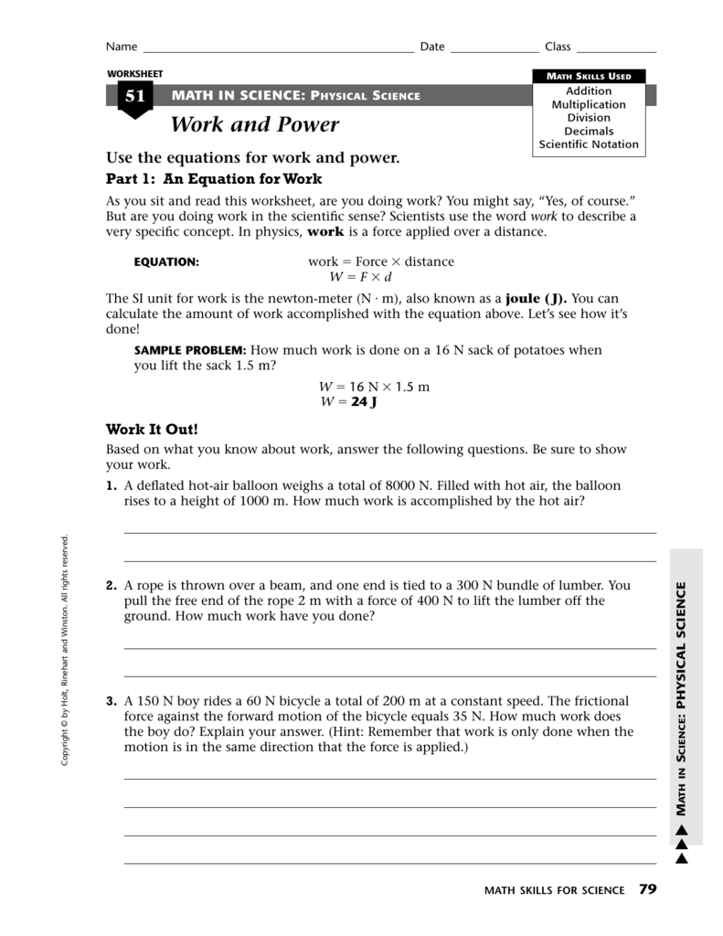 Work And Power Kathleen Hobbs Math Worksheet Answers